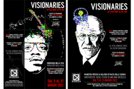Two poster of the Visionaries exibition showing two works by Square. One poster shows Jimi Hendrix and the other one shows Freud